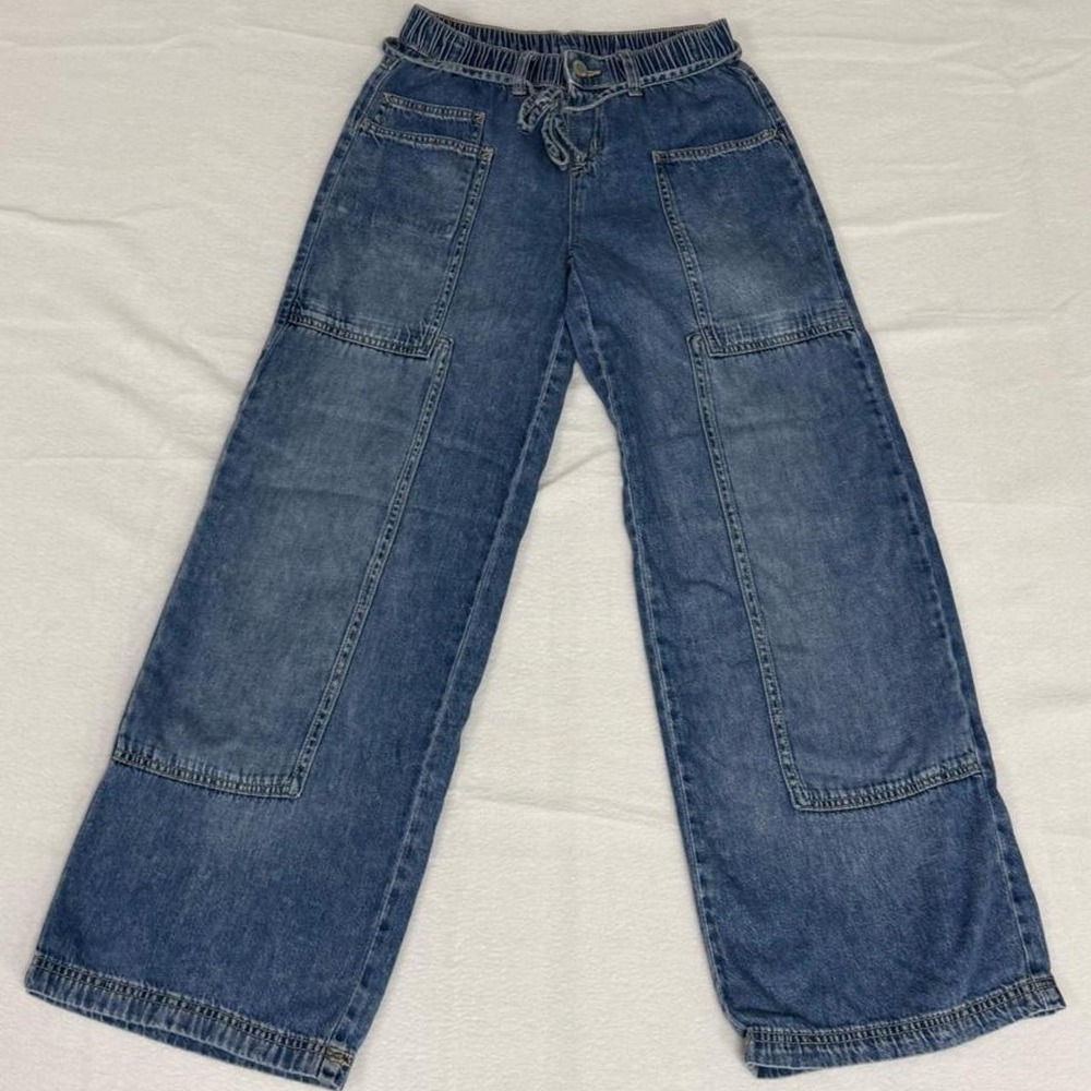 Justice Girls Blue Denim Wide Leg Jeans Elastic Waist Drawstring Size 16